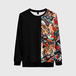 Свитшот женский Тату ирезуми дракона тигр лис и самурай, цвет: 3D-черный