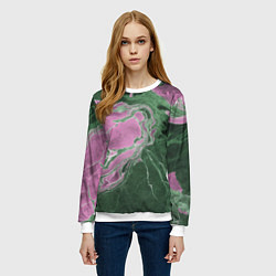 Свитшот женский Мрамор темно-зеленый с розовым, цвет: 3D-белый — фото 2