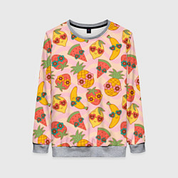 Свитшот женский Экзотические фрукты со цветами узор, цвет: 3D-меланж