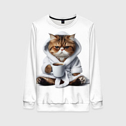 Свитшот женский Котик в халате и кофе, цвет: 3D-белый