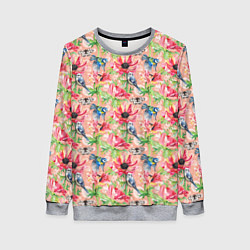 Свитшот женский Лазоревки и маки на розовом, цвет: 3D-меланж