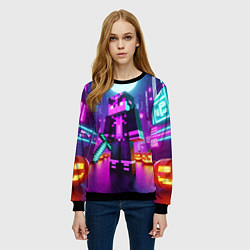 Свитшот женский Чувак с мечом в неоновом городе - Майнкрафт, цвет: 3D-черный — фото 2