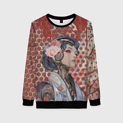 Свитшот женский Девушка-андроид на фоне шестиугольников, цвет: 3D-черный