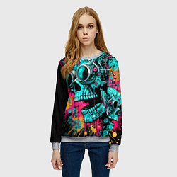 Свитшот женский Cyber skull sketch - color blots, цвет: 3D-меланж — фото 2