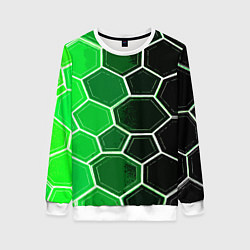 Свитшот женский Белые шестиугольники на чёрно-зелёном фоне, цвет: 3D-белый