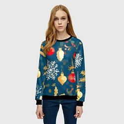 Свитшот женский Ёлочные игрушки и снежинки, цвет: 3D-черный — фото 2