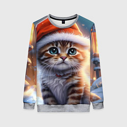 Свитшот женский Новогодний котенок в шапочке, цвет: 3D-меланж