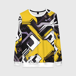 Свитшот женский Бело-жёлтый техно паттерн на чёрном фоне, цвет: 3D-белый