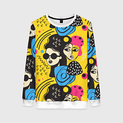 Свитшот женский Яркий паттерн с лицами девушек, цвет: 3D-белый