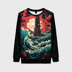 Женский свитшот Маяк и волны в японском стиле