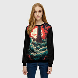 Свитшот женский Маяк и волны в японском стиле, цвет: 3D-черный — фото 2