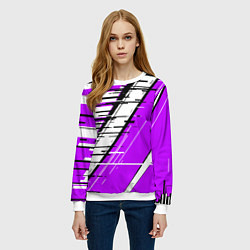 Свитшот женский Чёрно-белые глитч полосы на фиолетовом фоне, цвет: 3D-белый — фото 2