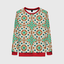 Свитшот женский Восточный пляжный орнамент зелено коричневый, цвет: 3D-красный