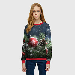 Свитшот женский Новогодний шар и шишка, цвет: 3D-красный — фото 2