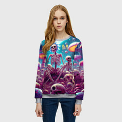 Свитшот женский Скелеты Рика и Морти среди неоновых грибов под лун, цвет: 3D-меланж — фото 2