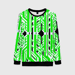 Свитшот женский Бело-зелёные техно полосы на чёрном фоне, цвет: 3D-черный