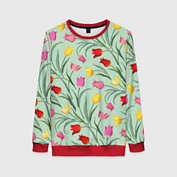 Свитшот женский Тюльпаны цветочный паттерн на светло-зелёном фоне, цвет: 3D-красный