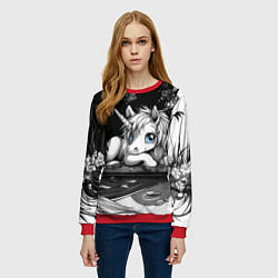 Свитшот женский Белый единорог с голубыми глазами, цвет: 3D-красный — фото 2
