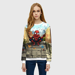 Свитшот женский Маленький человек-паук в городе, цвет: 3D-белый — фото 2