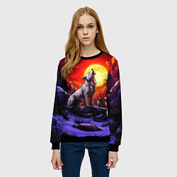 Свитшот женский Белый волк воет на луну, цвет: 3D-черный — фото 2