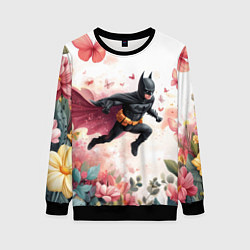 Свитшот женский Бэтмен прыгает над цветами и бабочками, цвет: 3D-черный