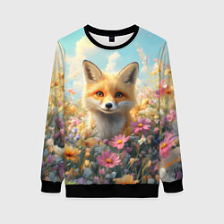 Свитшот женский Лиса в цветочном поле, цвет: 3D-черный