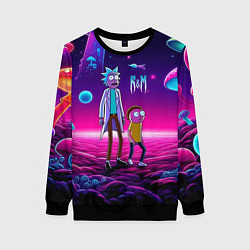 Свитшот женский Морти и Рик на планете неоновых сказочных грибов, цвет: 3D-черный