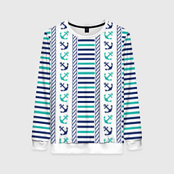 Свитшот женский Морской орнамент с якорями и полосками, цвет: 3D-белый