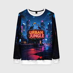 Свитшот женский Городские здания зеленые растения и попугаи, цвет: 3D-белый