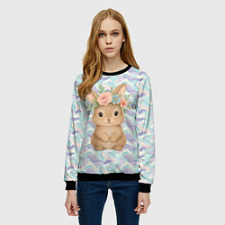 Свитшот женский Зайчик с венком из цветов на голове, цвет: 3D-черный — фото 2