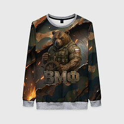 Свитшот женский ВМФ медведь у штурвала на фоне камуфляжа, цвет: 3D-меланж