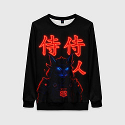 Свитшот женский Кот самурай с неоновыми глазами, цвет: 3D-черный