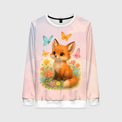 Свитшот женский Лисичка с бабочками и цветочками, цвет: 3D-белый