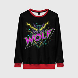 Свитшот женский Голова волка со светящимися желтыми глазами, цвет: 3D-красный