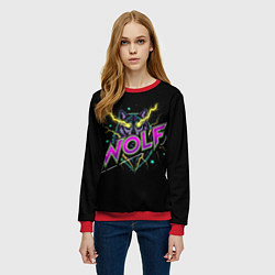 Свитшот женский Голова волка со светящимися желтыми глазами, цвет: 3D-красный — фото 2