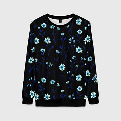Свитшот женский Паттерн с маленькими синими цветами, цвет: 3D-черный