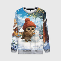 Свитшот женский Совушка в шапочке лепит снеговика, цвет: 3D-меланж