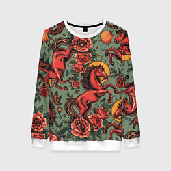 Свитшот женский Красный конь и розы, цвет: 3D-белый