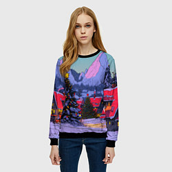 Свитшот женский Новогодние елки в горном городке, цвет: 3D-черный — фото 2