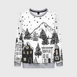 Свитшот женский Заснеженный черно-белый город, цвет: 3D-меланж