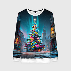 Свитшот женский Новогодняя елка в гирляндах, цвет: 3D-белый