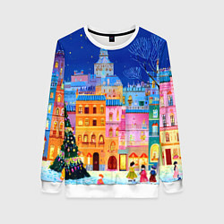 Свитшот женский Разноцветные новогодние домики, цвет: 3D-белый