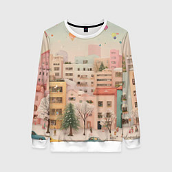 Свитшот женский Объемный новогодний город, цвет: 3D-белый