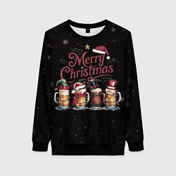 Свитшот женский Кружки пива в новогодних шапках, цвет: 3D-черный