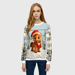 Свитшот женский Милая новогодняя лошадка с шарфом, цвет: 3D-белый — фото 2