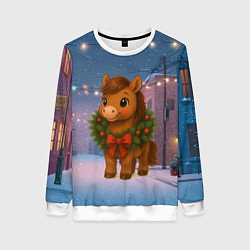 Свитшот женский Лошадка с новогоднем венком 2026, цвет: 3D-белый