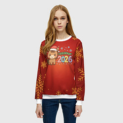 Свитшот женский Новогодняя лошадка 2026 на красном фоне, цвет: 3D-белый — фото 2