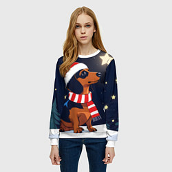Свитшот женский Новогодняя такса и звезды, цвет: 3D-белый — фото 2