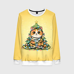 Свитшот женский Новогодний котик в гирлянде, цвет: 3D-белый