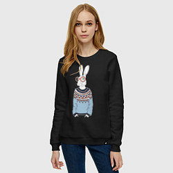 Свитшот хлопковый женский Кролик в свитере и очках, цвет: черный — фото 2